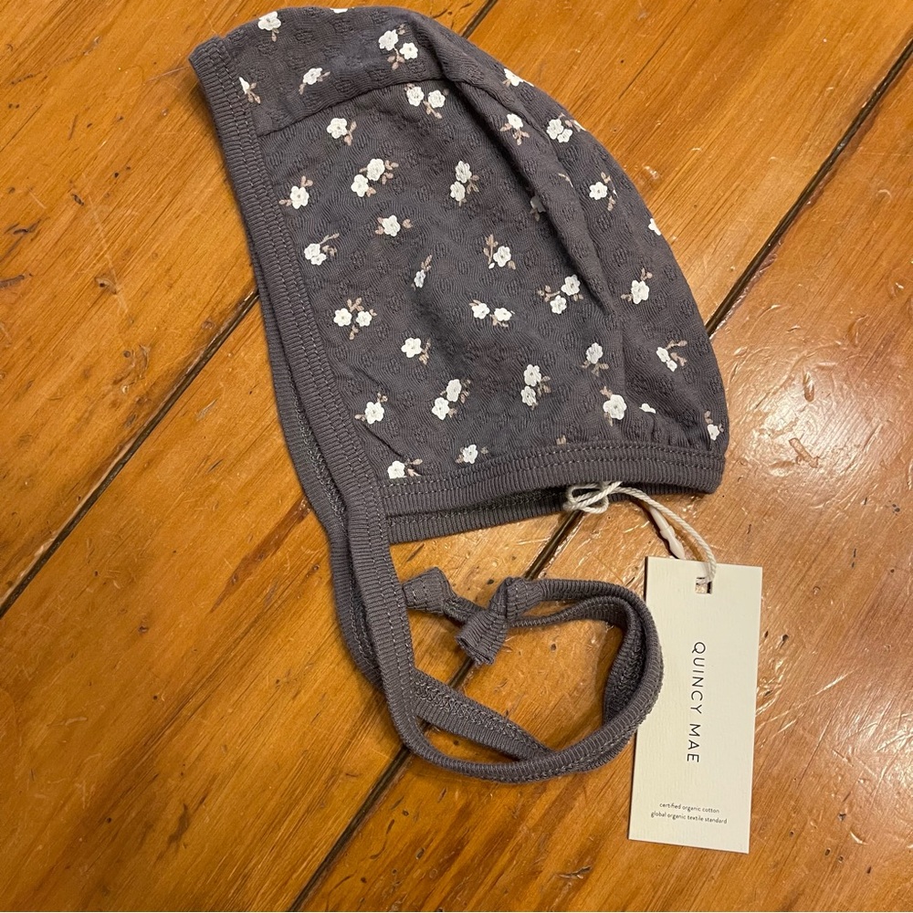 Quincy Mae Pointelle Baby Bonnet in Dark Floral. Size 3-6M
